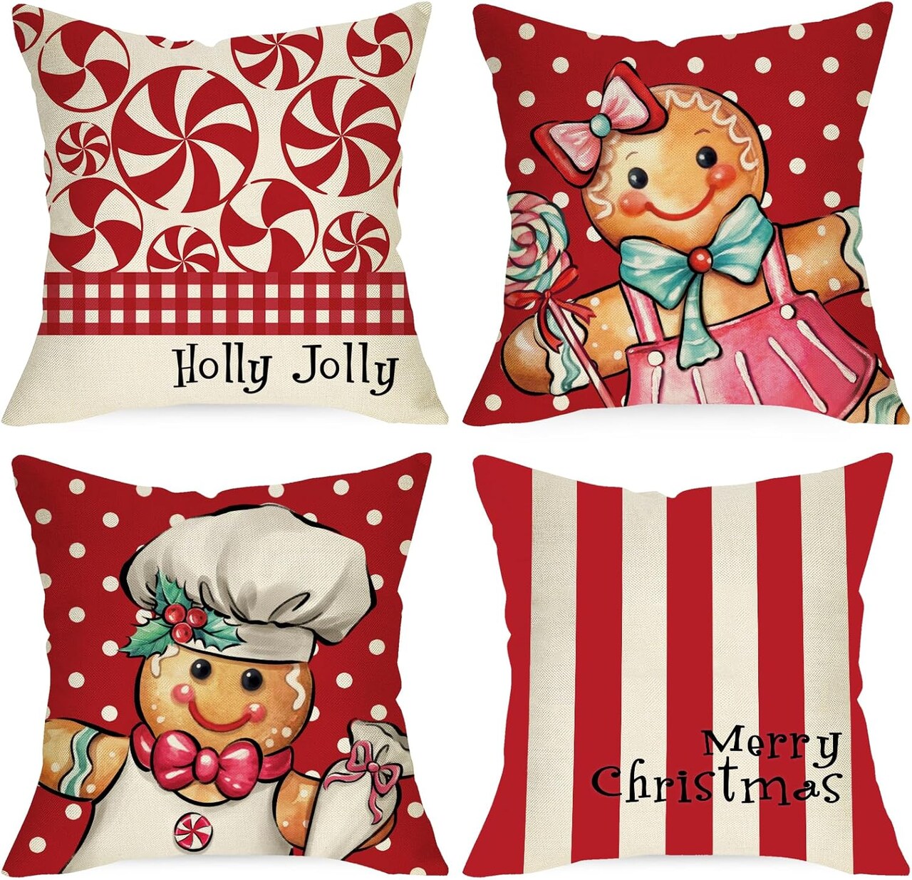 Merry Christmas Gingerbread Man Decorative Throw Pillow Covers 18x18 Set of 4, Xmas Peppermint Candy Polka Dot Stripe Red Cushion Case Decor, Holly Jolly Winter Holiday Home Decoration for Sofa